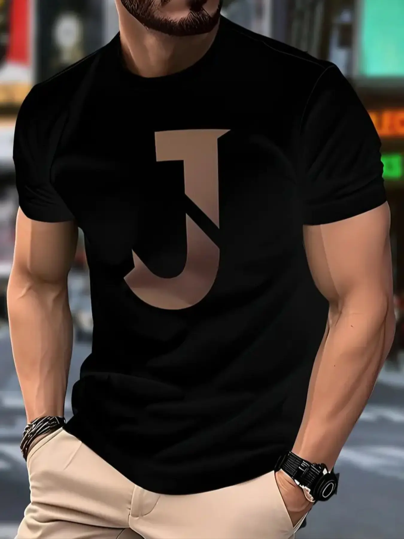 Men's Fashion T-Shirt with Bold 'j' Logo Print, 100% Polyester Fabric, Round Neck, Casual Fit, Breathable & Lightweight, Fitted, Streetwear, Casual Fashion Clothing, Top