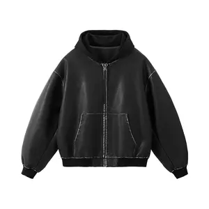 Inflation Men's Fashion Cropped Boxy Washed Leather Jacket Winter New American Street Vintage Patchwork Hooded Coat Menswear Tops Short, Street Wear, Casual