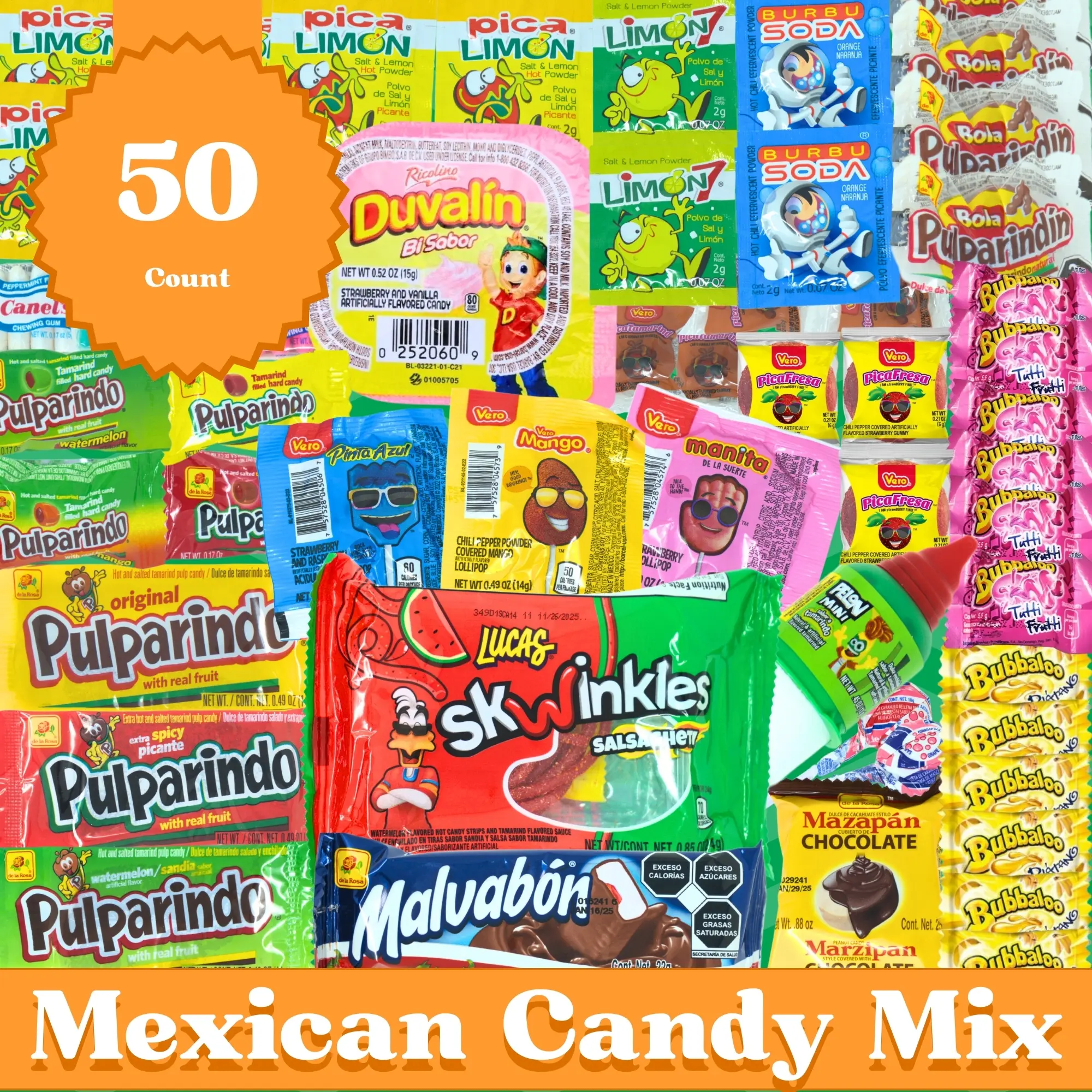 Mexican Candy Variety Pack 50 pieces, Authentic Dulces Mexicanos, Perfect for Piñatas, Includes Vero, Lucas, Pulparindo. Spicy, Sweet and Sour Assortment Mix Candy, Fiesta, Birthdays Snack Mango Bonbon Natural