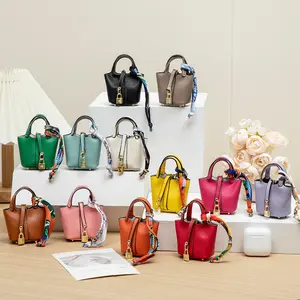 Mini Leather Bucket Bag Keychain, 2.76*2.56 Inch Tiny Tote Purse Charm with Silk Scarf, Multi-functional Airpods/Key Storage Bag, Fashionable Women’s Bag & Car Rearview Mirror Accessory