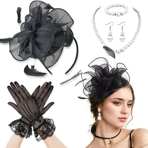5 Pieces Vintage Tea Party Accessories Set, Black Feather Fascinator Headband, Lace Gloves, Pearl Jewelry Set
