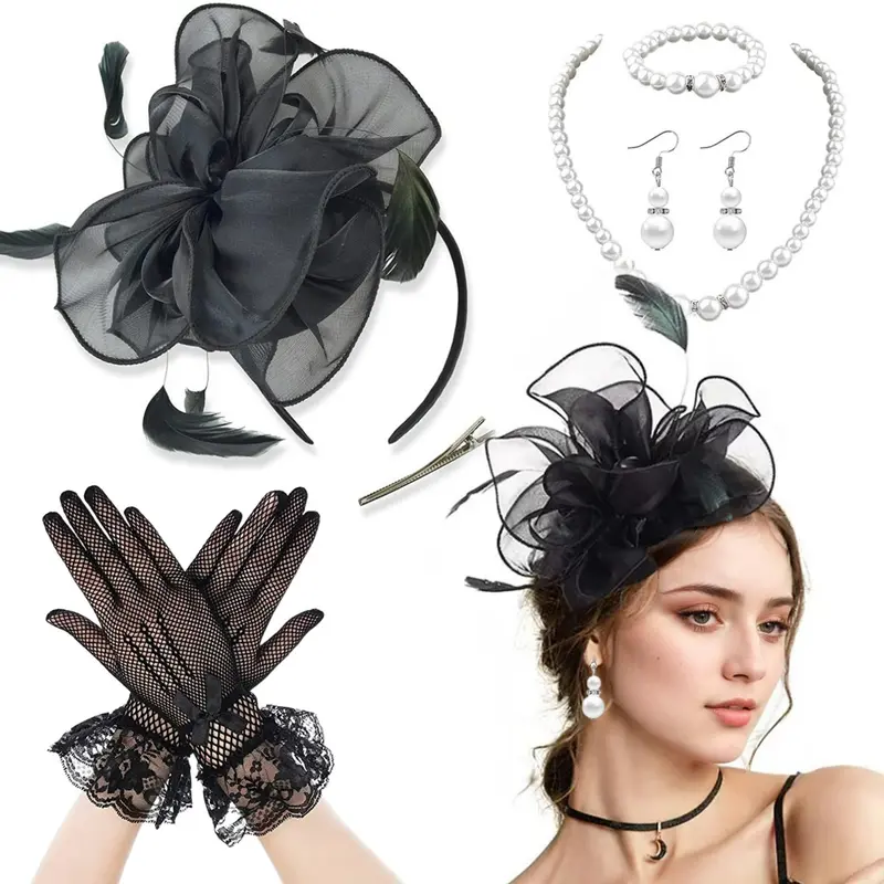 Vintage Fascinator Hat Set with Feathers Lace Gloves Pearl Jewelry Bniksok 5-Pack Khaki Apricot Fascinator Hat for Women Tea  main image 3