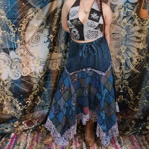 Women's Flowy Patchwork Lace Asymmetrical Ruffle Long Skirt - Cotton Lightweight Fabric, Elastic Waist, Drawstring, Embroidery, Nepal Boho Y2K 90s Vintage Fairy Summer Bottom Piece
