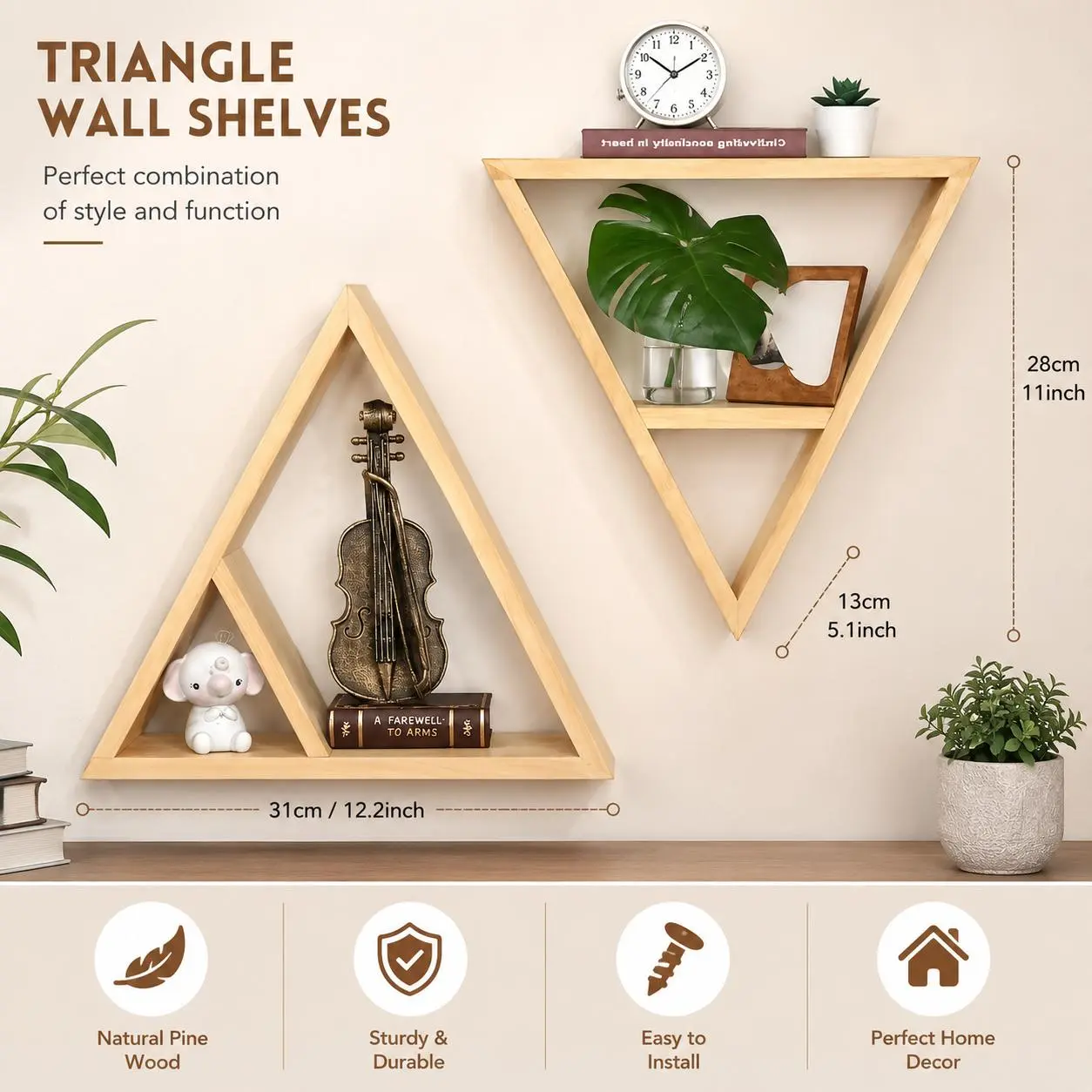 Triangle Floating Wall Shelf, Solid Wood Wall Mounted Display Shelf for Living Room, Bedroom, Bathroom & Home Decor