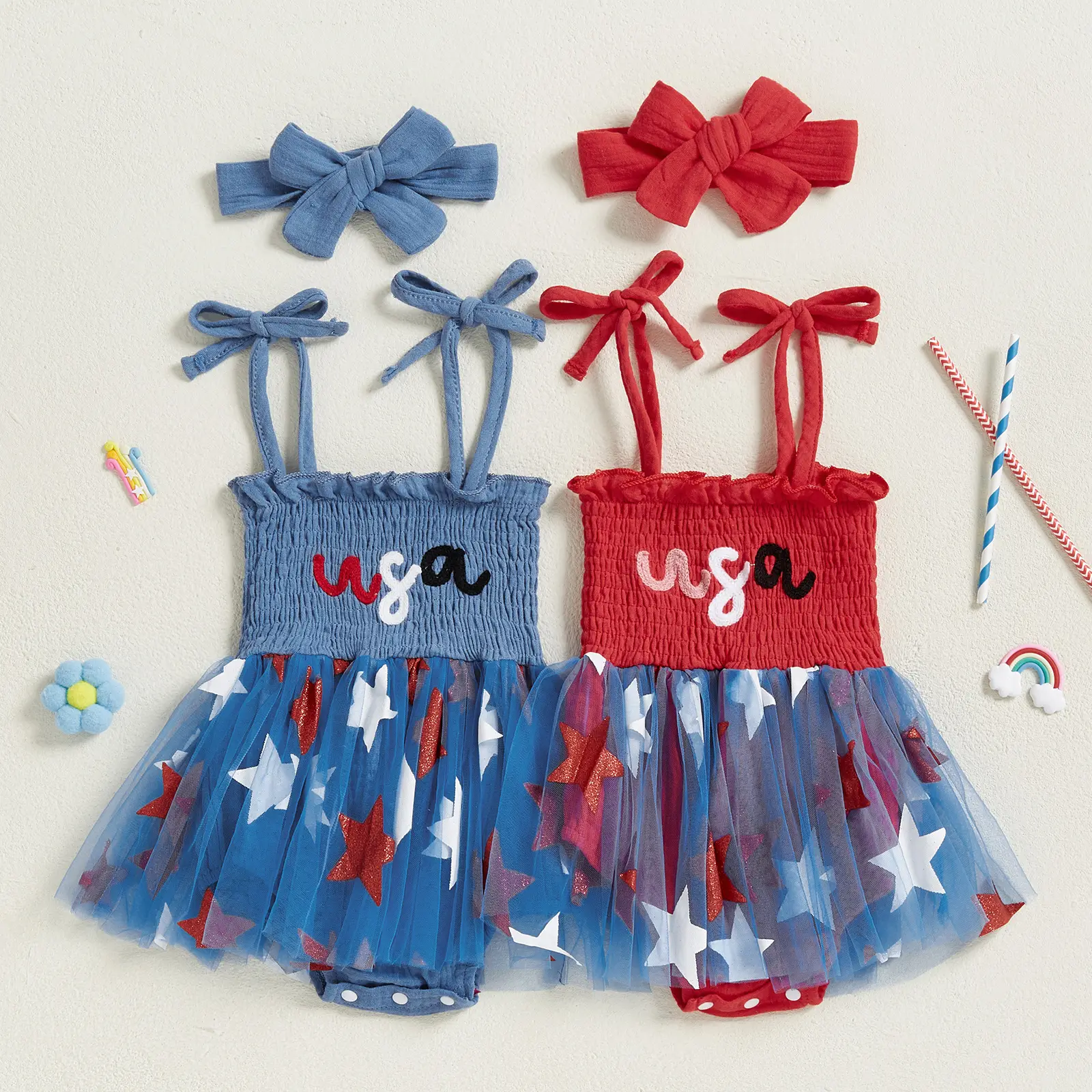 Toddler Baby Girl 4th of July Romper Dress Letter Embroidery Star Print Sleeveless Tie Strap Jumpsuit with Headband