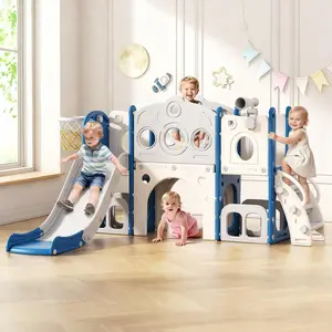 BIERUM 8-in-1 Toddler Slide & Playset with Basketball Hoop & Tunnel ， Durable Indoor Outdoor Playground for Ages 1-3