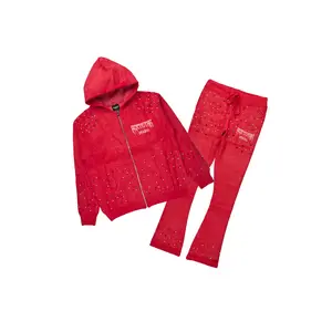 Lapiz Red Rhinestone Mohair Knit Stacked Flare Track Set