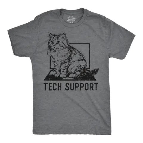 Mens Tech Support Funny T Shirts Cute Kitten Graphic Tee for Men Mens Funny T Shirts Cool Vintage Graphic Tees Office Shirts for Men Funny Cat Short Sleeve Novelty Tees for Guys Dark Grey