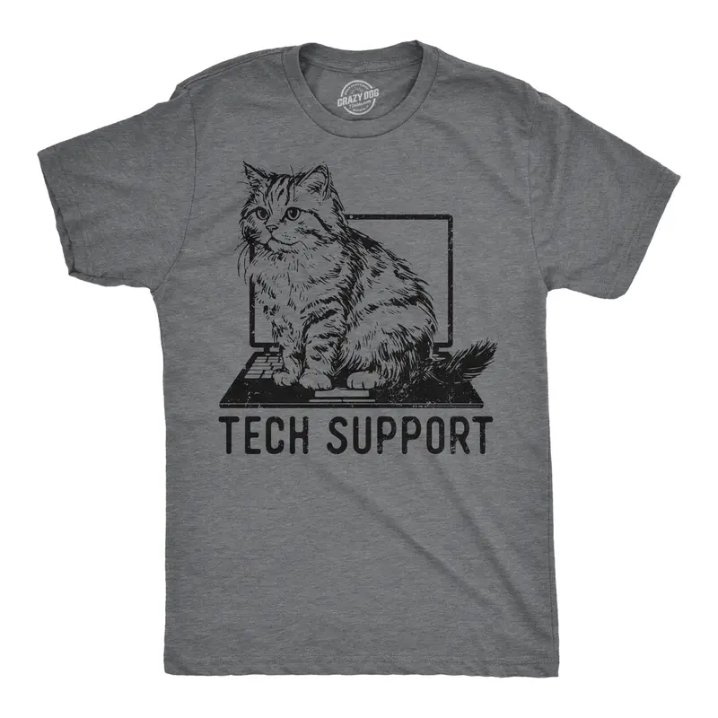 Mens Tech Support Funny T Shirts Cute Kitten Graphic Tee for Men Mens Funny T Shirts Cool Vintage Graphic Tees Office Shirts for Men Funny Cat Short Sleeve Novelty Tees for Guys Dark Grey