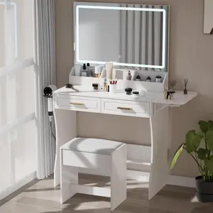 Modern White Vanity with Mirror Set - Adjustable Lights, Storage Drawers, Shelves, Stool - Indoor Makeup Vanity Desk Furniture