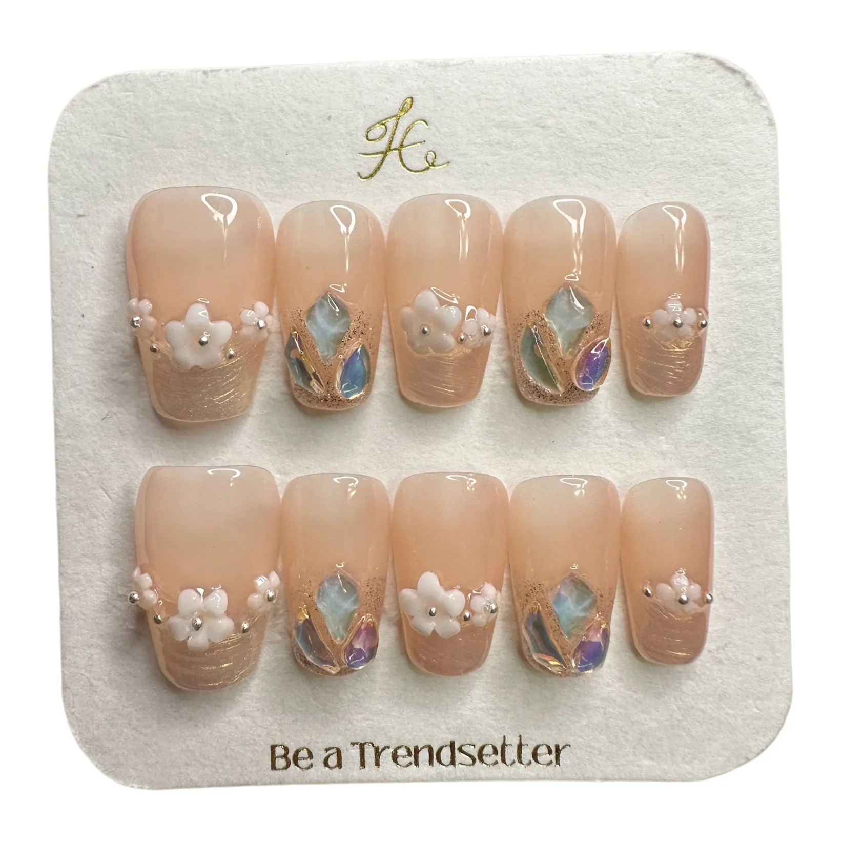T4 Unisex Elegant Hand-Painted White 5-Petal Floral Design Press-On Nails, Nail Art Decoration Accessories with Steel Balls