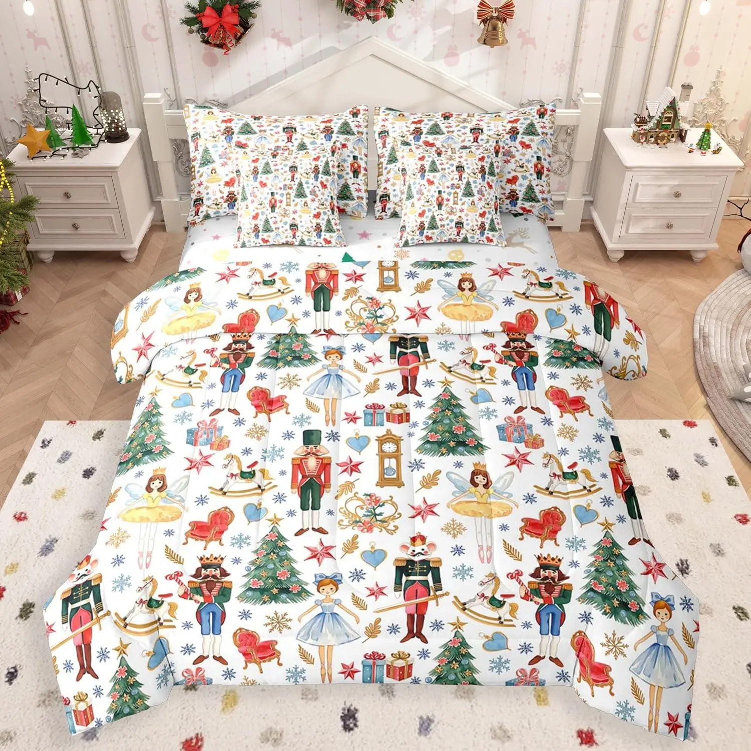 Merry Christmas Comforter Set with Sheets 7Pcs | Watercolor Nutcracker 7 Pieces Bedding Set Soft Cozy Xmas Bed in a Bag Cute Lightweight Microfiber All Season