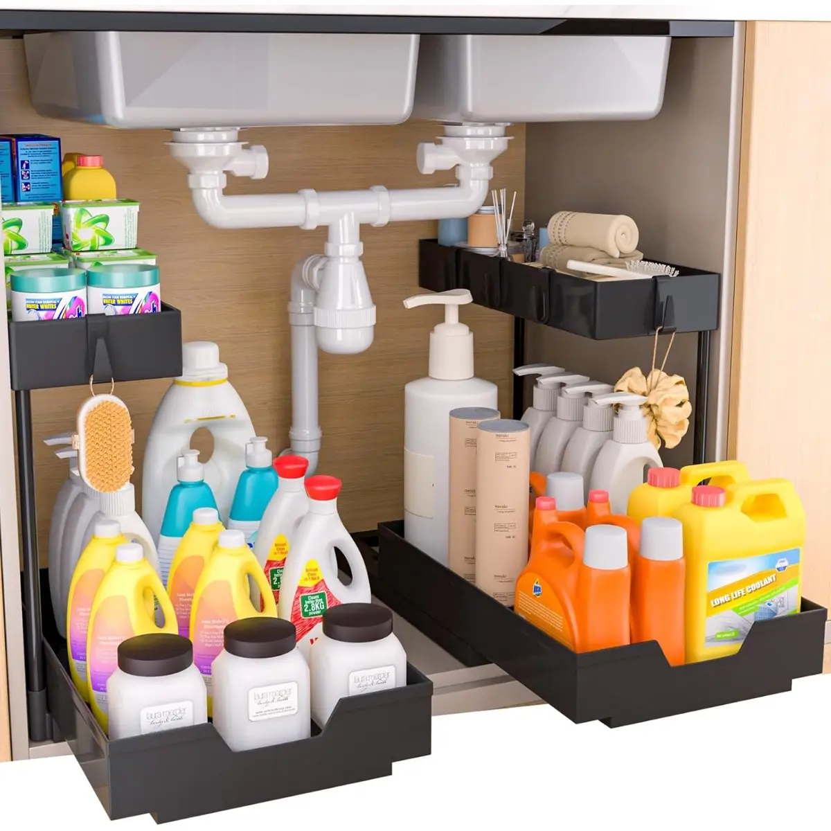 2-Tier Under Sink Organizers 2 Pack Sliding L-shape Cabinet Organizers Narrow Space Storage Shelves Multi-purpose Sink Organizer Baskets With 4 Hook For Kitchen,Bathroom Drawer, Black