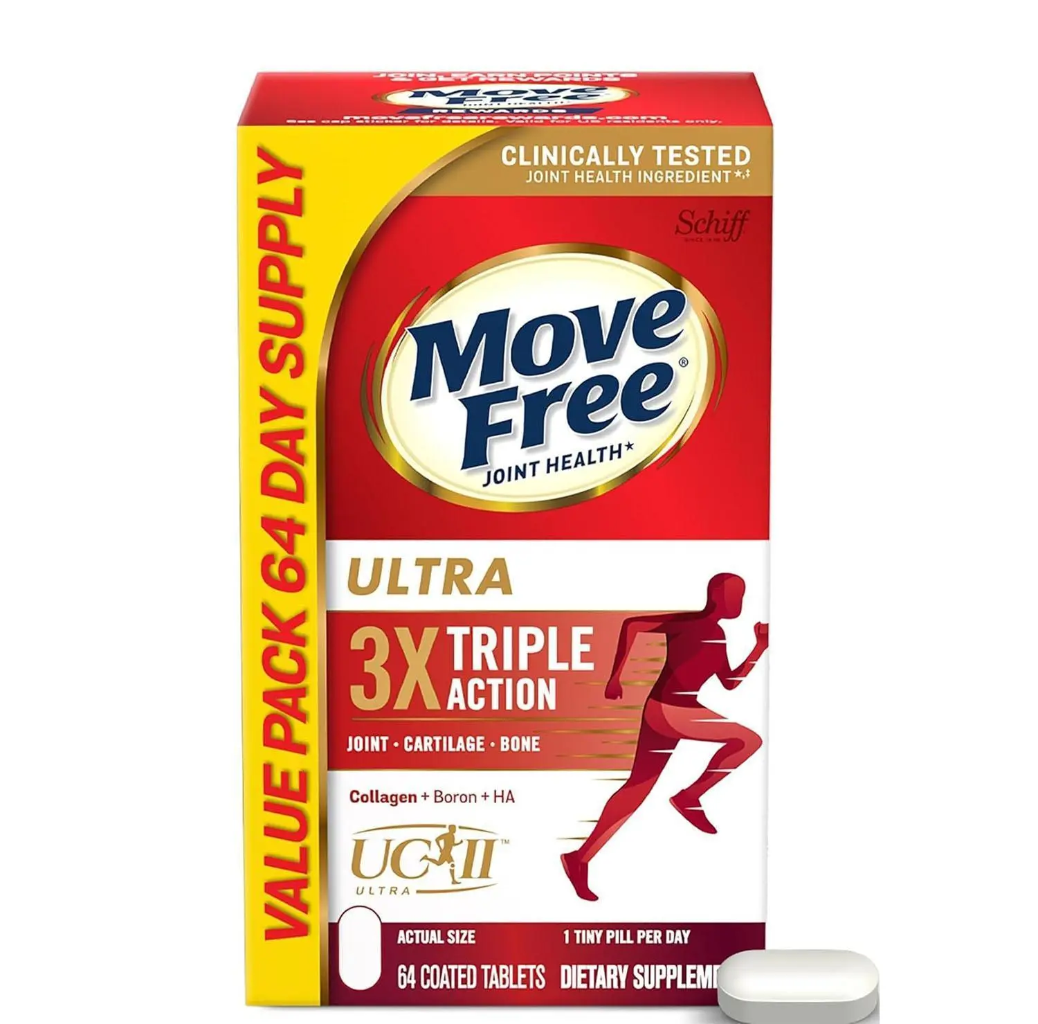 Move Free Ultra Triple Action Joint Support Supplement - Type II Collagen Boron & Hyaluronic Acid - Supports Joint Comfort, Cartiliage & Bones in 1 Tiny Pill Per Day, 64 Tablets (64 servings)*