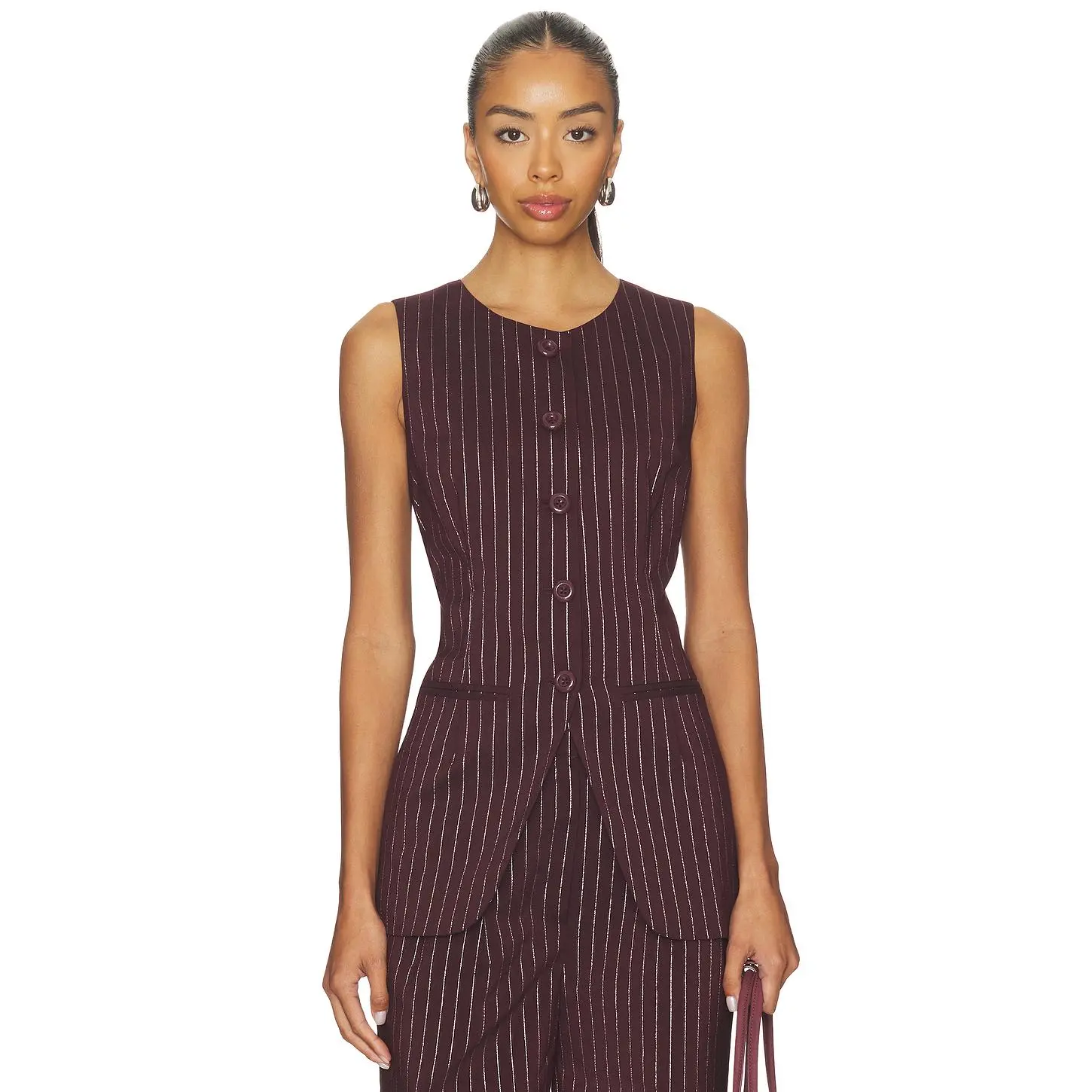 SIMONMILLER Sabine Pinstripe Vest in Bordeaux Metallic Pinstripe