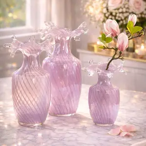 Periwinkle Vines Glass Vase Set - Elegant Floral Tendrils Design in Delicate Prewinkle Color for Modern Retro & Boho Décor - Small Medium Large Sizes