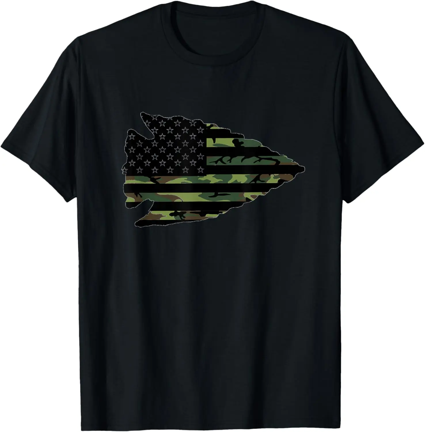 Women's 100% Cotton Short-Sleeve Round Neck Casual Distressed Graphic Lady Tshirt - Arrowhead Hunter Camouflage USA Flag Design, Everyday Streetwear Top for Hunting