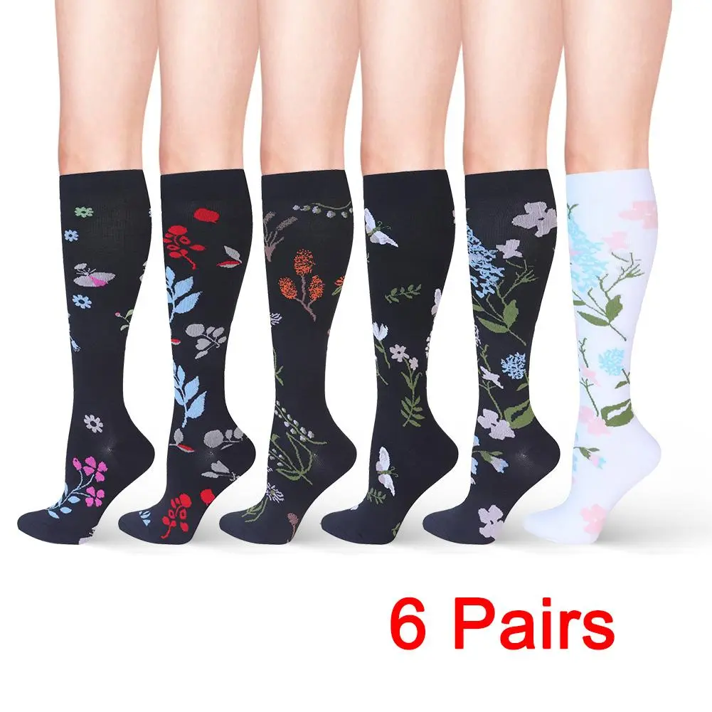 Breathable Compression Socks for Women & Men, 6 Pairs 15-20 mmHg Knee-High Floral Stockings, Stretchable for Biking, Running