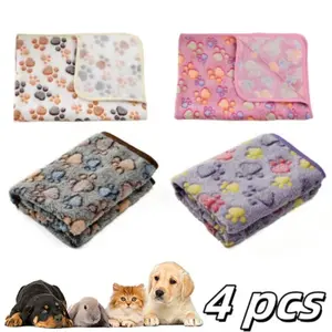 4 pieces of soft pet sleeping blanket, comfortable and warm paw print puppy blanket, pet sleeping special blanket, suitable for daily pet sleep