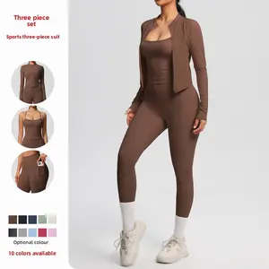 New model cloud-feel brushed sports vest with pockets, long pants, casual butt-lifting fitness yoga outfit three-piece set