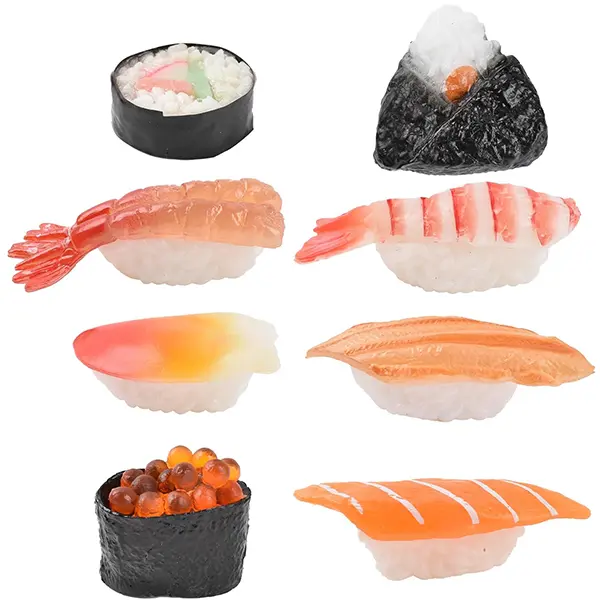 HUIANER 8pcs Artificial Sushi Food Model Set - 2-in PVC Fake Onigiri Rice Rolls with 8 Different Appearances, Easy to Clean, Home Decoration Display Props for Cabinets