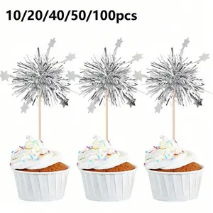10/20/40/50/100pcs Foil Paper Fireworks Cupcake Decorations, Birthday Cake Topper, Glitter Ribbon Flowers, Drink Stirrers, Fruit Picks