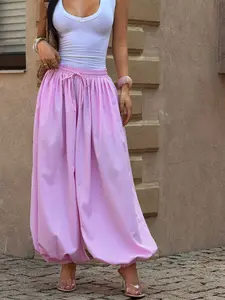 Womens Pink Gingham Checkered Wide Leg Balloon Pants High Waist Elastic Waistband Summer Casual Loose Fit Vintage Chic Soft Cotton Linen Blend Vacation Streetwear Boho Trendy Summer Outing Relaxed Comfort Trousers