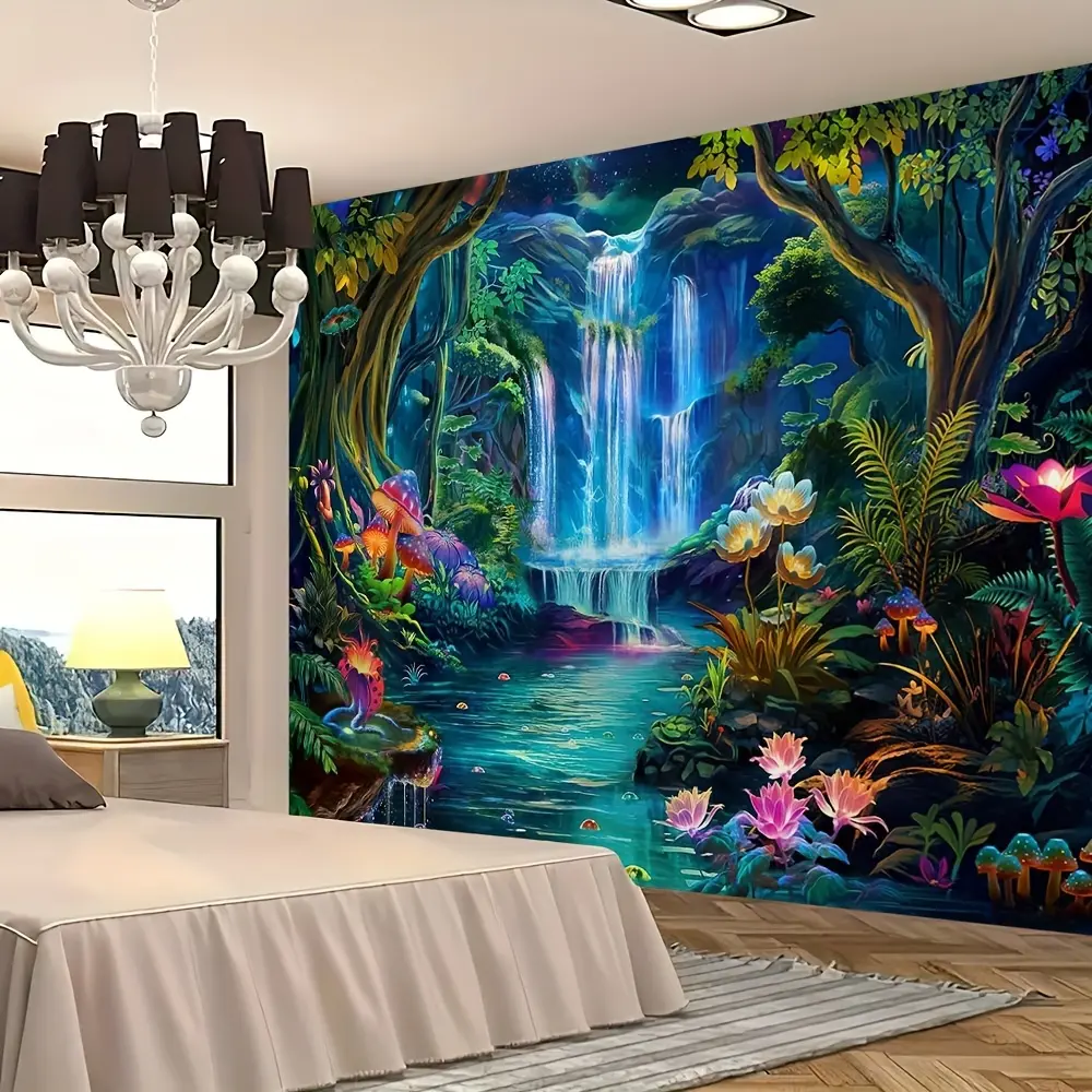 Jungle Adventure Painted Tapestry - Lightweight Polyester Wall Hanging for Living Room, Bedroom - Vibrant Home Decor with Easy Installation Kit, Scenic Print, Peach Velvet Religious Accent