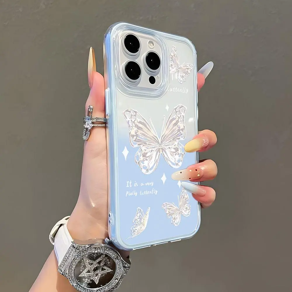 Colorful Blue Gradient Butterfly Hard Back Smartphone Casing Protector Accessories for iPhone 17,16,15,14,13,12 Pro Max