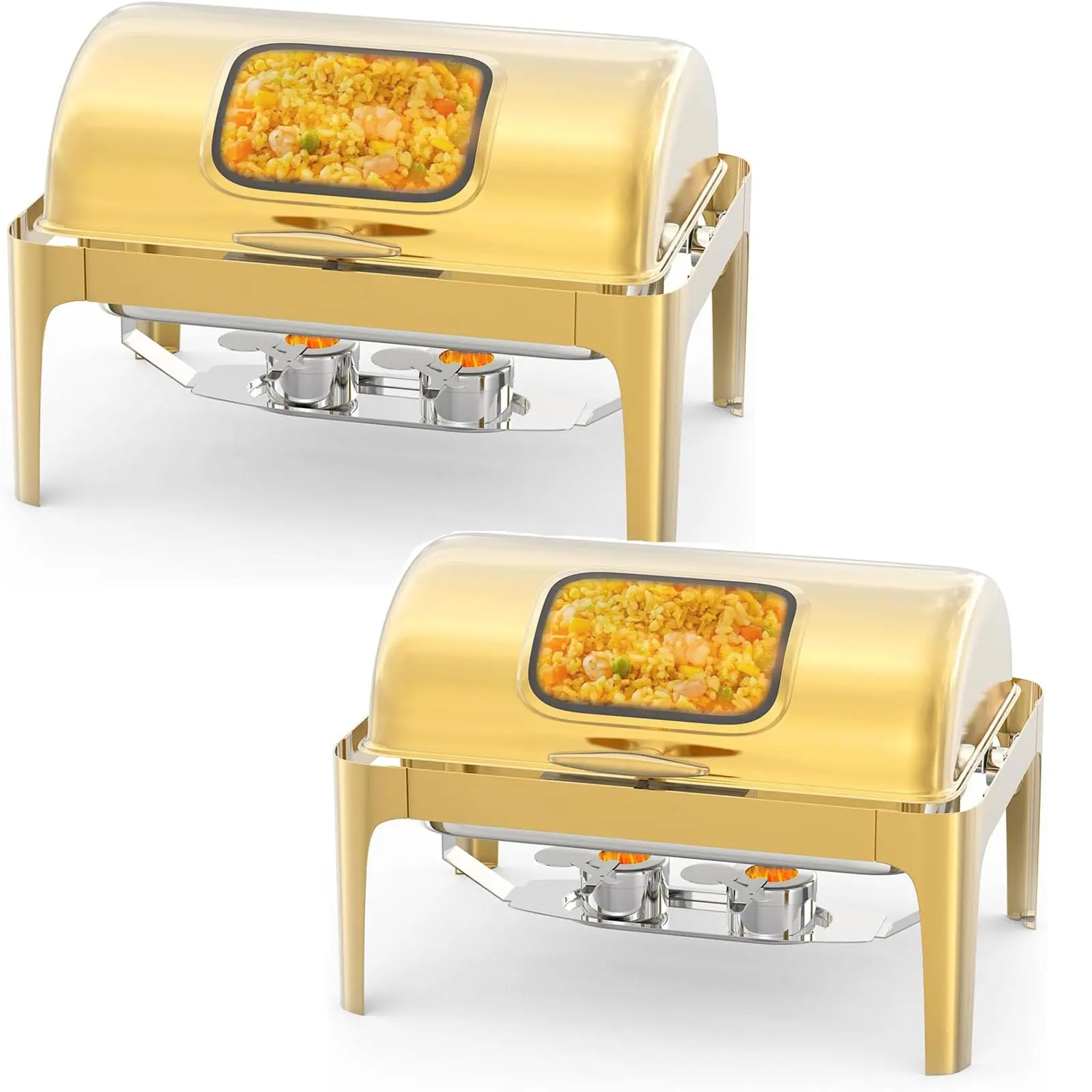 2 Pack 9QT Roll Top Chafing Dish Buffet Set – Rectangular Stainless Steel Food Warmer with Clear Lid, Water Pan, Stand & Fuel Holder – Ideal for Catering, Parties, Hotels, Weddings – Gold