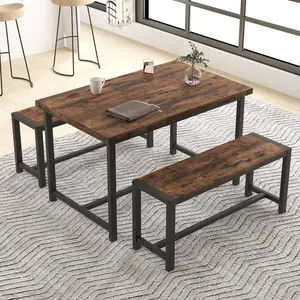 Kitchen Table and Benches, 3 Piece Dining Table Set for 4, Rectangular Dining Room Table Set with 2 Upholstered Benches, Kitchen Table Set for Small Space, Apartment, Studio