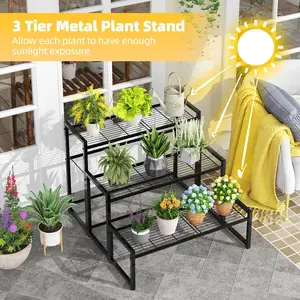 Simple Trending 3 Tier Metal Plant Stand Outdoor Indoor Waterproof, Stackable Heavy Duty Tall Plant Shelf Flower Pot Holder for Garden, Display Rack, Black