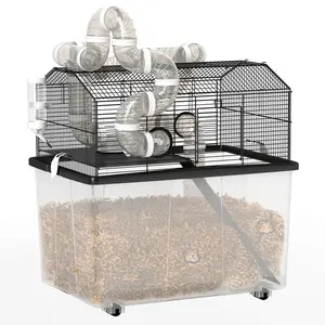 PawHut Large Hamster Cage with 12" Deep Tray, 2 Tier Gerbil Cage with Tube System, Water Bottle, Ramp, Feeding Bowl, 23" x 17" x 22", Black