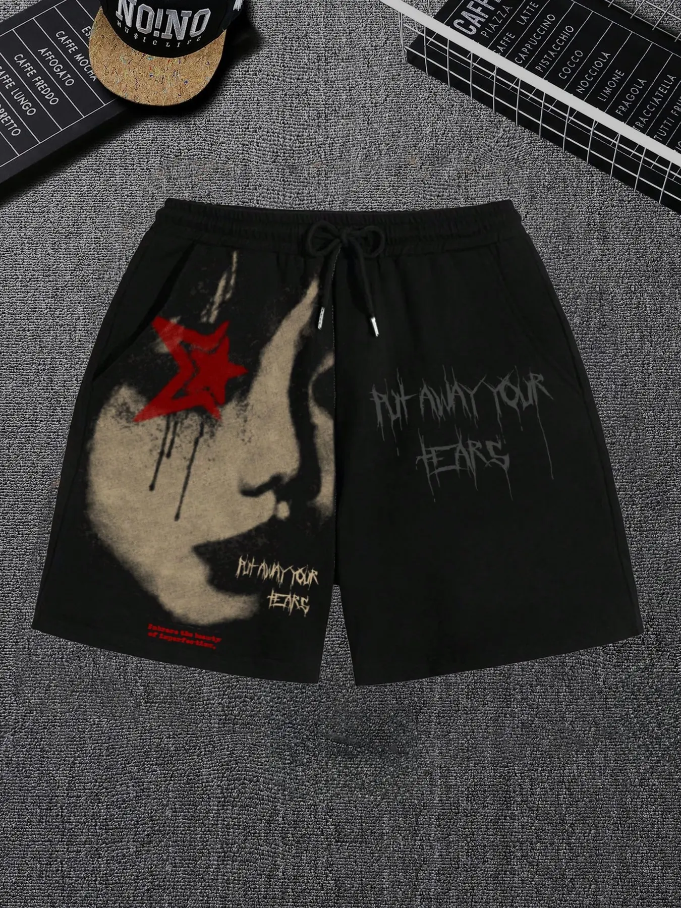 Vintage Portrait Print Shorts, Five-Point Star Graffiti, Gothic Thorn Font, Dark Subculture Style, Summer Sports Pants, Elastic Waist Shorts, Graphic Print Shorts