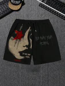 Vintage Portrait Print Shorts, Five-Point Star Graffiti, Gothic Thorn Font, Dark Subculture Style, Summer Sports Pants, Elastic Waist Shorts, Graphic Print Shorts