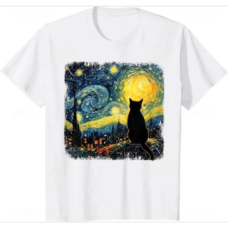 Van Gogh Starry Night Black Cat T-Shirt, Aesthetic Cat Lover Art Tee