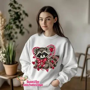 Racoon with Checkered Heart Crewneck Sweatshirt