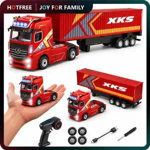 Hotfree 1/64 RC Drift Semi Truck with Trailer, Mini Remote Control Container Truck Toy, Detachable Trailer, LED Lights, 2.4GHz Desktop RC Truck for Indoor Play, Birthday & Christmas Gift for Kids Boys & Adults