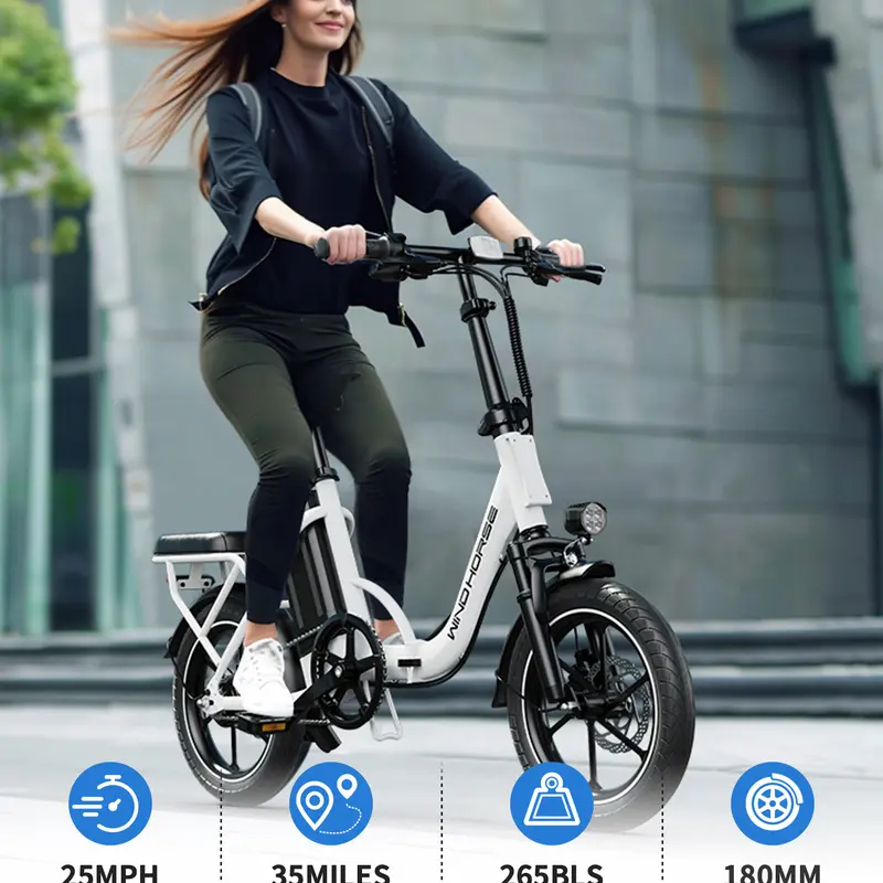 Windhorse W2B Lightweight Folding Adults Commuter Ebike - 16" Suspension Electric Bicycle, 250-399W, Rear Seat, 25 mph Top Speed, 35 mi Range, 288Wh Battery, 3-4 Hrs Charge, 52.8lbs Weight, 57x14.2x40.5in/57in Size, 12 Months Customer Service, 250 To 399