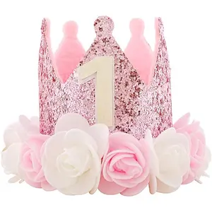 P-HDW08  Hat First Birthday 1st For Baby Girl Decoration Gifts Rose Gold Baby Pink Party Crown One Year Old Flowers Princess Pink 3inch