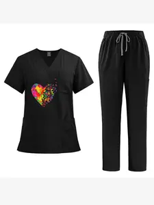 Black Medical Scrubs Top with Colorful Heart & Butterfly Print – Soft V-Neck Nurse Uniform for Women