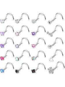 20 Pcs Hypoallergenic 20g Nose Rings, Stainless Steel with Cubic Zirconia, Multicolor L Shaped & Straight Screw Nose Studs Set, Nose Piercing Jewelry