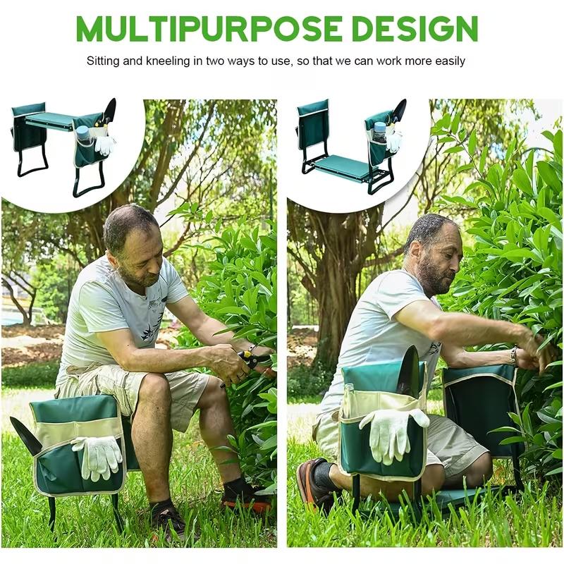 2-in-1 Green Metal Garden Kneeling Stool & Seat, Heavy-Duty Foldable Bench with Tool Pouch, EVA Foam Kneeling Pad, Portable Garden Tool Gear for Gardening & Camping
