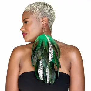 Feather Earrings, Green Schlappen and Natural Silver Pheasant Feathers Long Dangle Feather Earrings