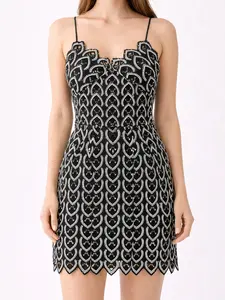 Women's Black & White Embellished Spaghetti Strap Mini Dress – Scalloped Statement Party Dress