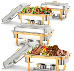 Gold-Plated Stainless Steel Alcohol Food Warmer | 9l Capacity 4-Piece Set | Buffet Chafing Dish with Alcohol Burner for Restaurant & Banquet (201 Stainless Steel)