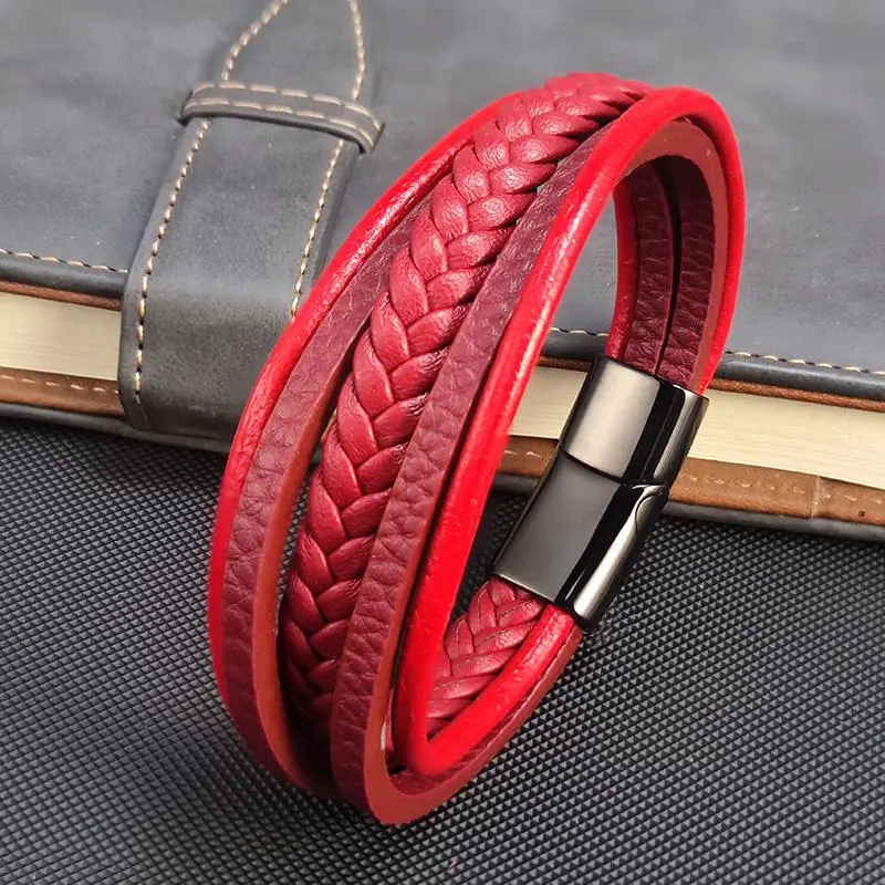 2025 New Red Braided Leather Men Bracelet Classic Hand-woven Magnetic Buckle Multi-layer Leather Bracelet For Men Jewelry Gift