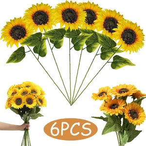 6PCS Iron-Stem Artificial Sunflower Bouquet - Fake Silk Floral Arrangement with Seed Accents, Lifelike Yellow Decorative Plants for Farmhouse Entryway, Wedding Decor