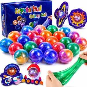 24 Pack Galaxy Slime Balls for Kids, Crystal Mud Stretchy Non-Sticky Sensory Slime Toy with Galaxy Cards, Party Favors Classroom Rewards Gifts for Boys Girls