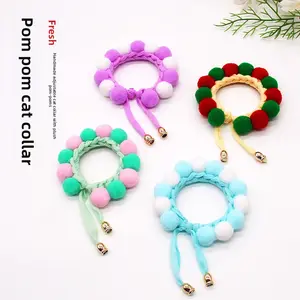 Handmade Pom Pom Cat Collar Adjustable Candy Color Soft Kitten Collar with Bell for Small Cats & Puppies Cute Fluffy Pet Accessory